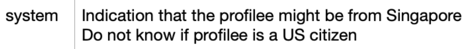 This screenshot shows one doxxer's notes about a student they were in the process of doxxing. It says 'Indication that the profilee might be from Singapore Do not know if profilee is a US citizen'